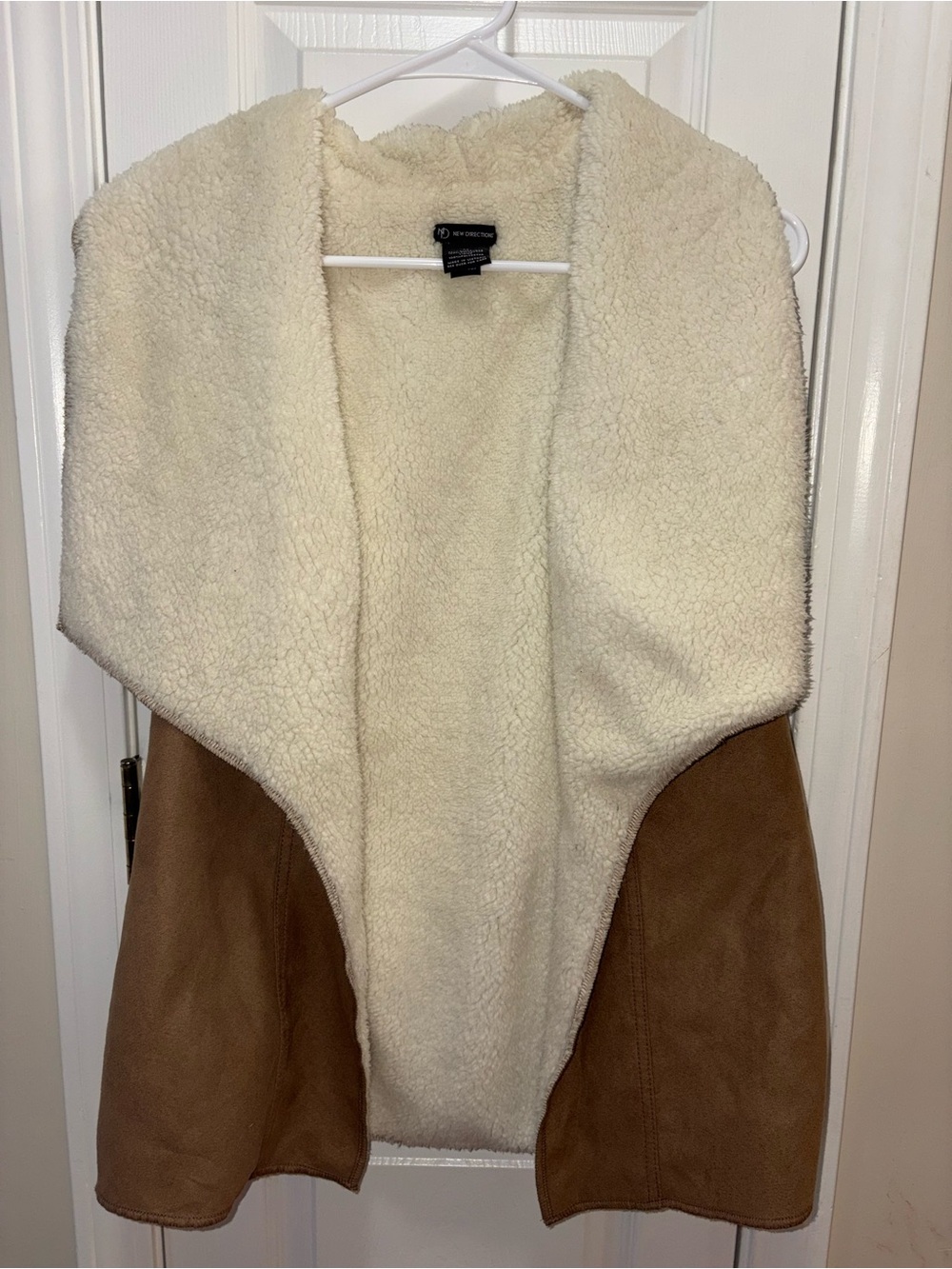 new directions Cream Sherpa-Lined Open Front Vest with Brown Suede Panels